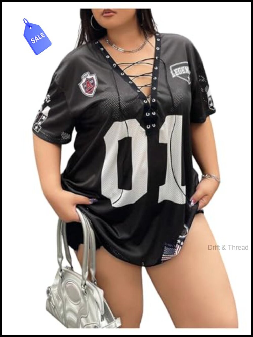 Plus Size Lace Up V Neck Graphic Tee Short Sleeve Loose Fit T-Shirt